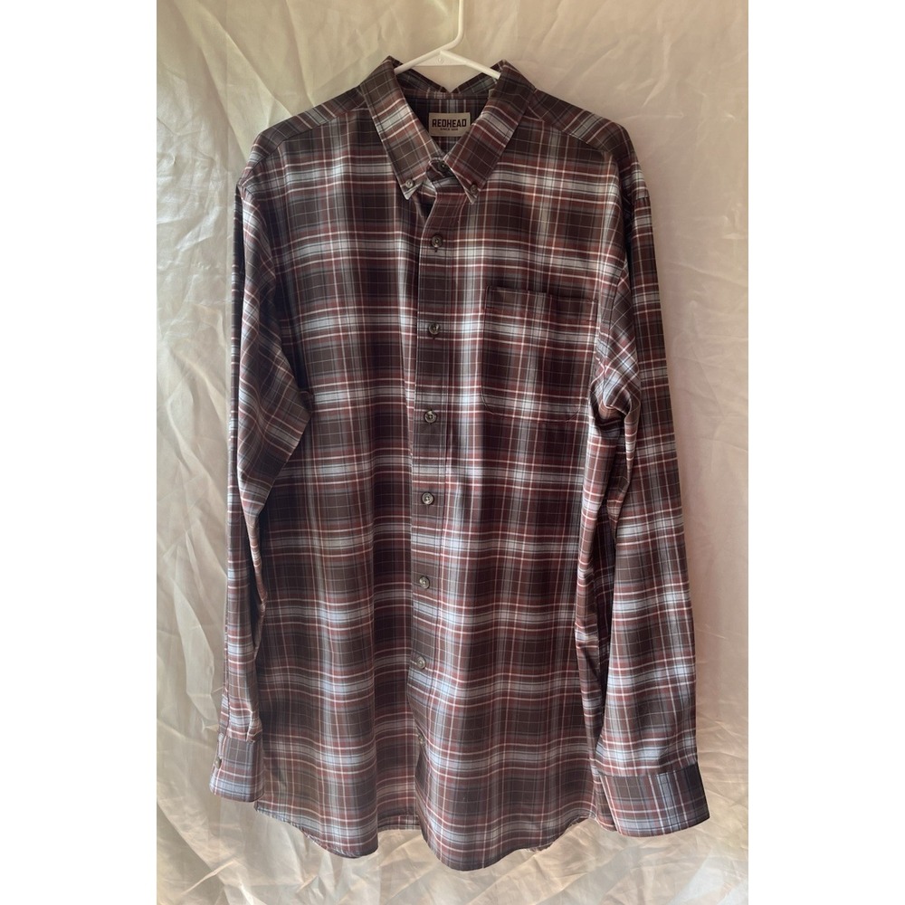 RedHead Plaid Button Up Shirt‎ Mens XLT Brown Orange White 100% Cotton
